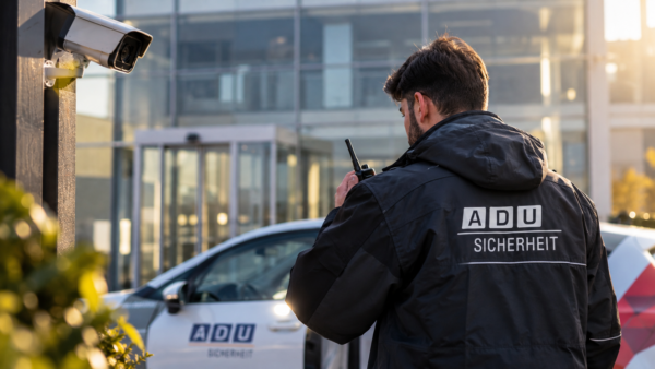 Sicherheitsdienst vor modernem Gebaeudeeingang